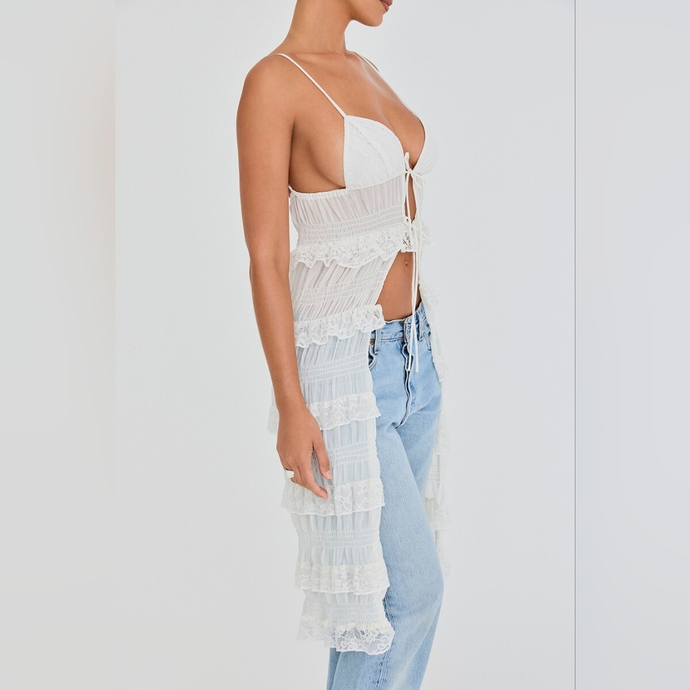 NWT Mistress Rocks White Lace Frilled Longline Midi Top‎ L - Picture 3 of 8